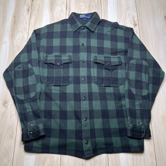 Polo Ralph Lauren Button Up Mens Green Plaid Spread Regular Shirt Pockets Medium - Picture 1 of 11